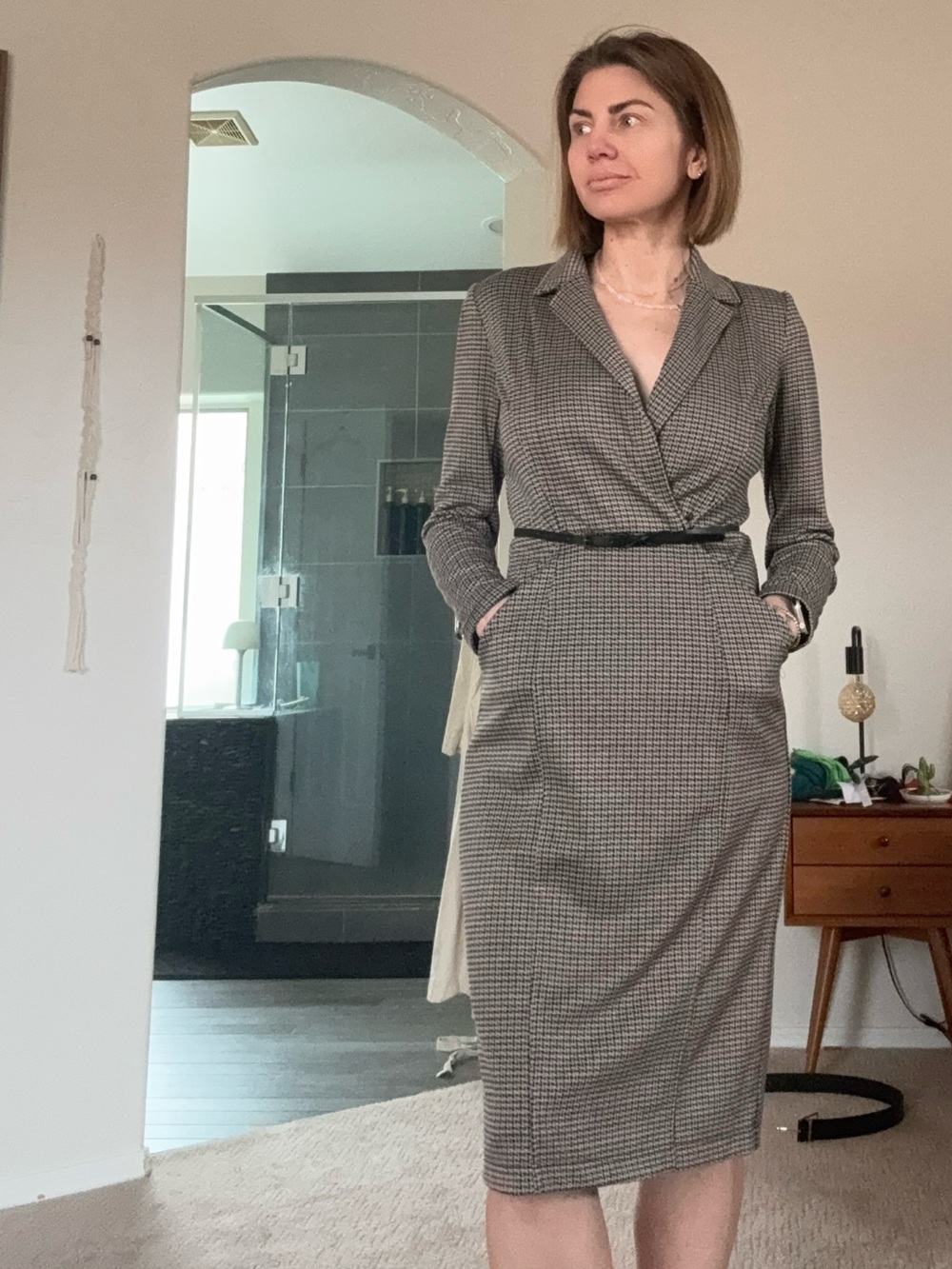 Max Studio Brown Houndstooth Long Sleeve Belted Pencil Dress